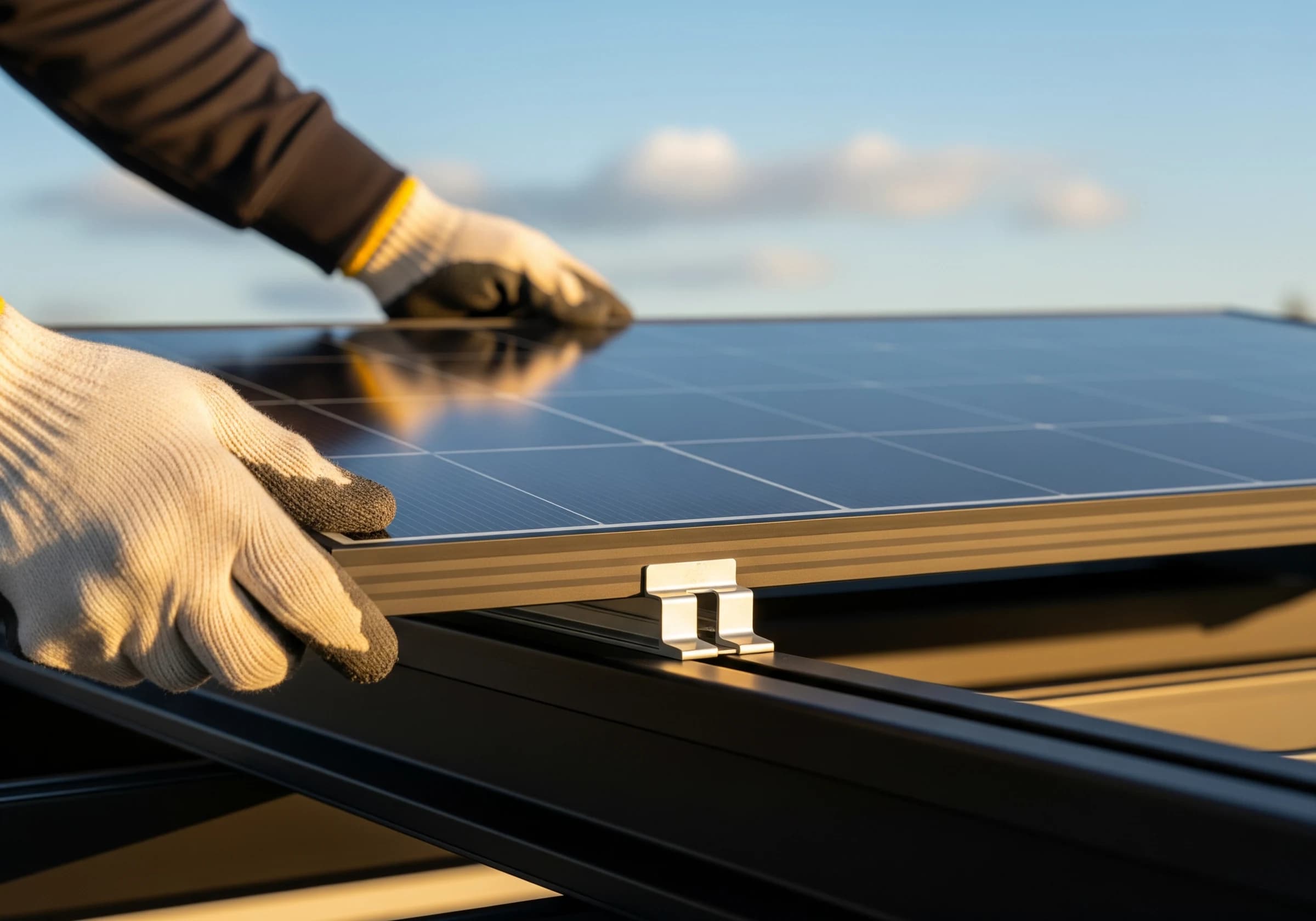 太陽光パネルを丁寧に設置する施工の手元